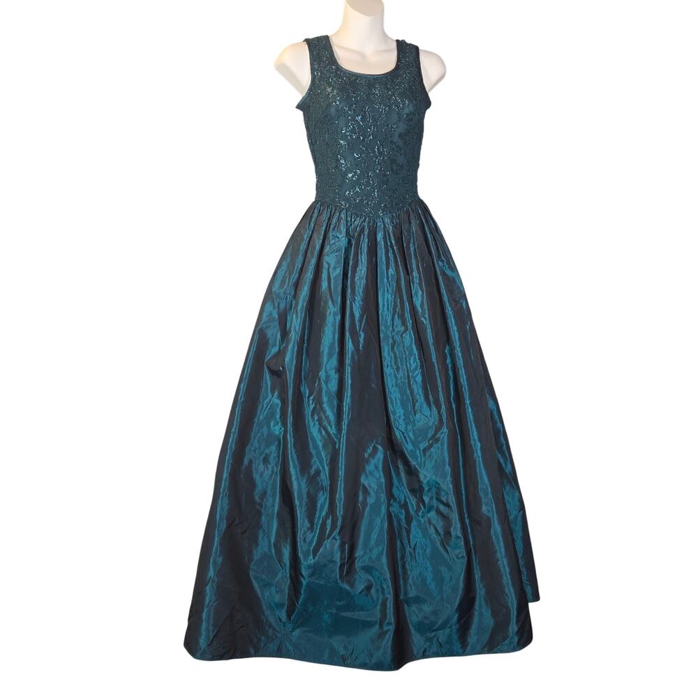 Vintage Jessica McClintock Gunne Sax Teal Lace Formal Gown 3/4 Maxi Prom 80s 90s